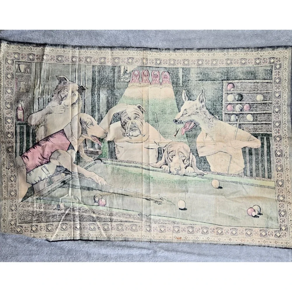 Vintage Dogs Playing Pool Woven Tapestry Wall Hanging 57x39 Game Room Decor
